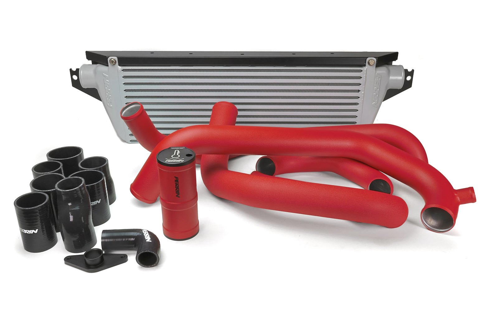 PERRIN Front Mount Intercooler Kit with silver core and red piping for 2002-2007 Subaru WRX/STI.