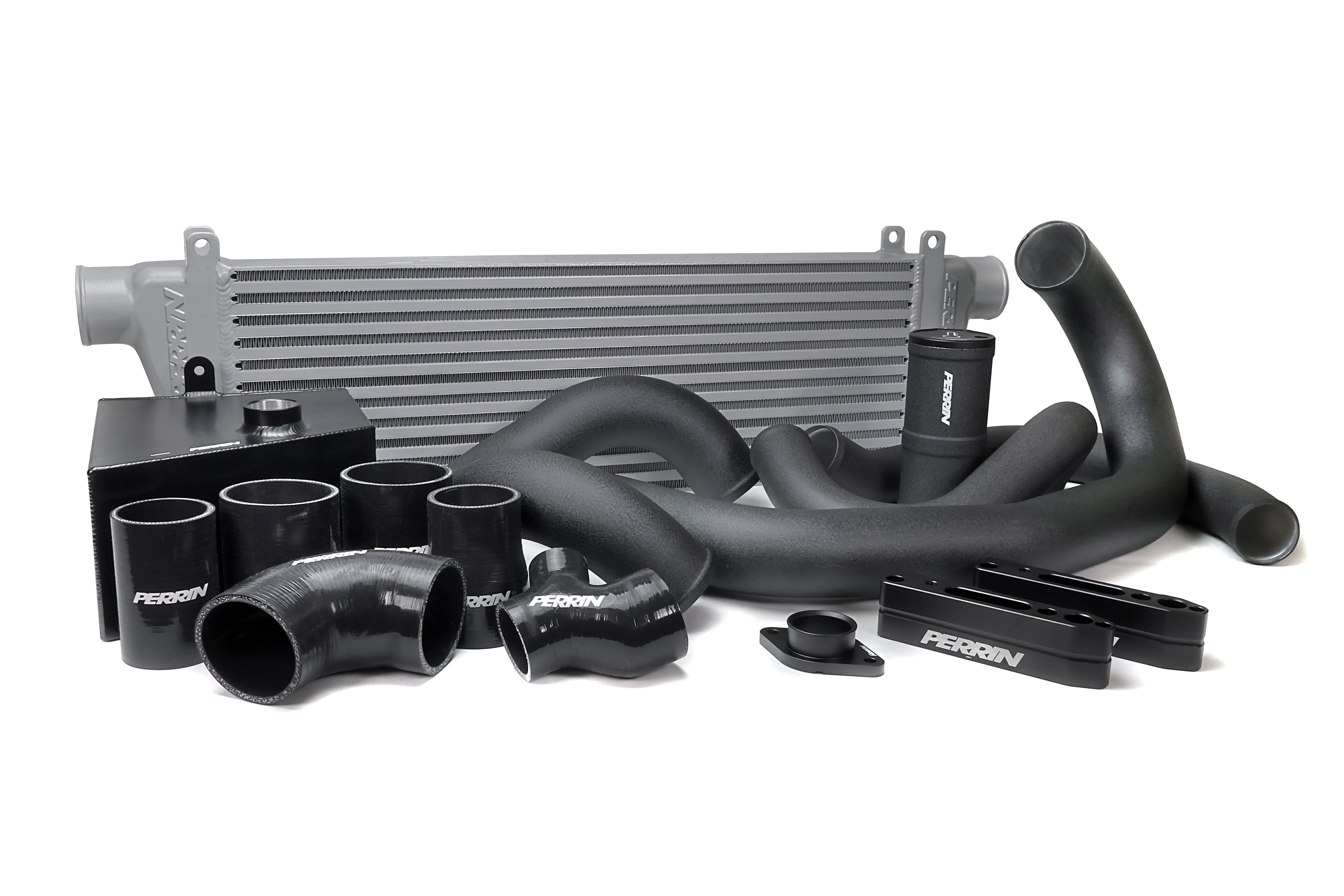 PERRIN Front Mount Intercooler Kit with silver core and black piping for 2015-2021 WRX.
