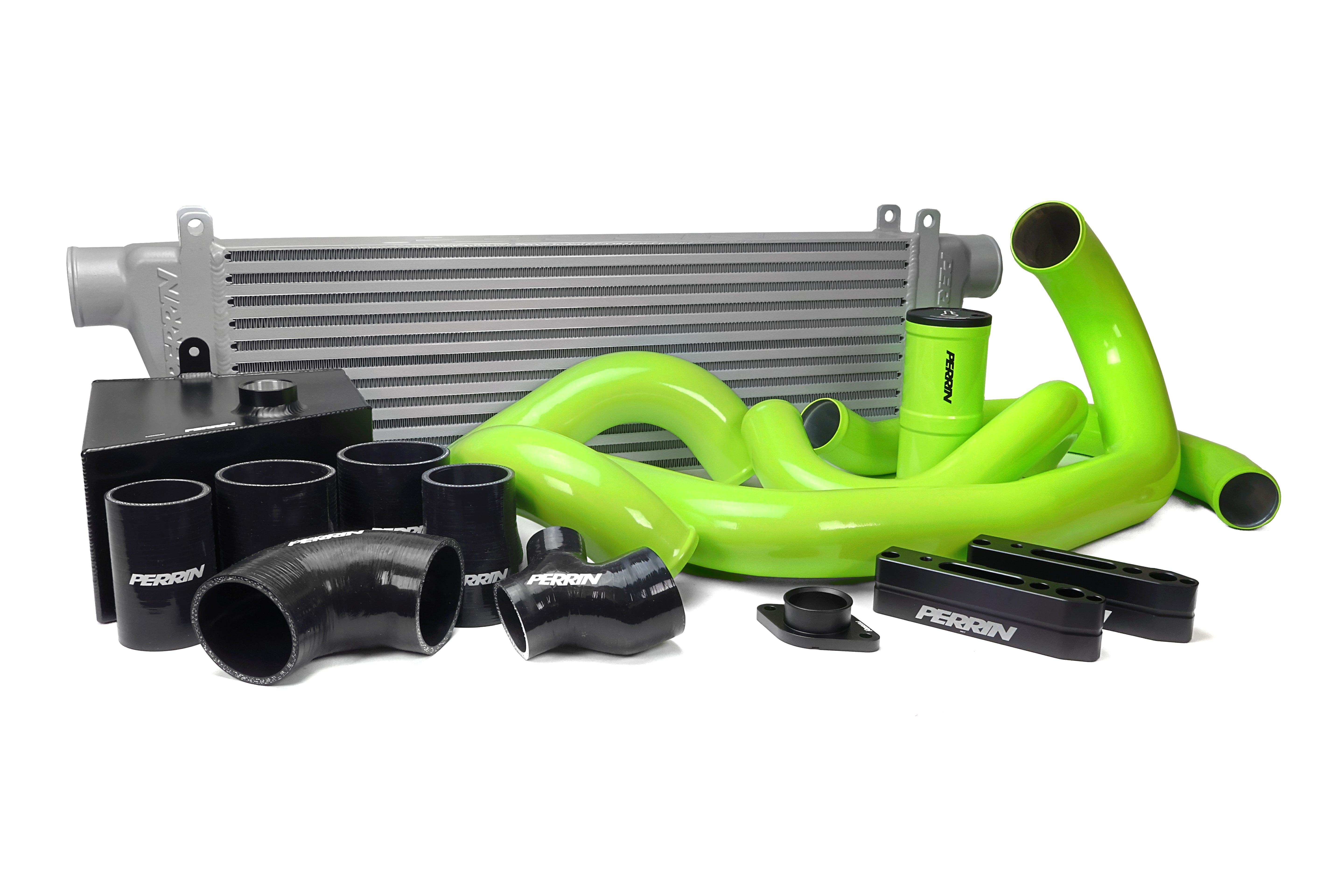 PERRIN Front Mount Intercooler Kit with silver core and neon yellow piping for 2015-2021 WRX.