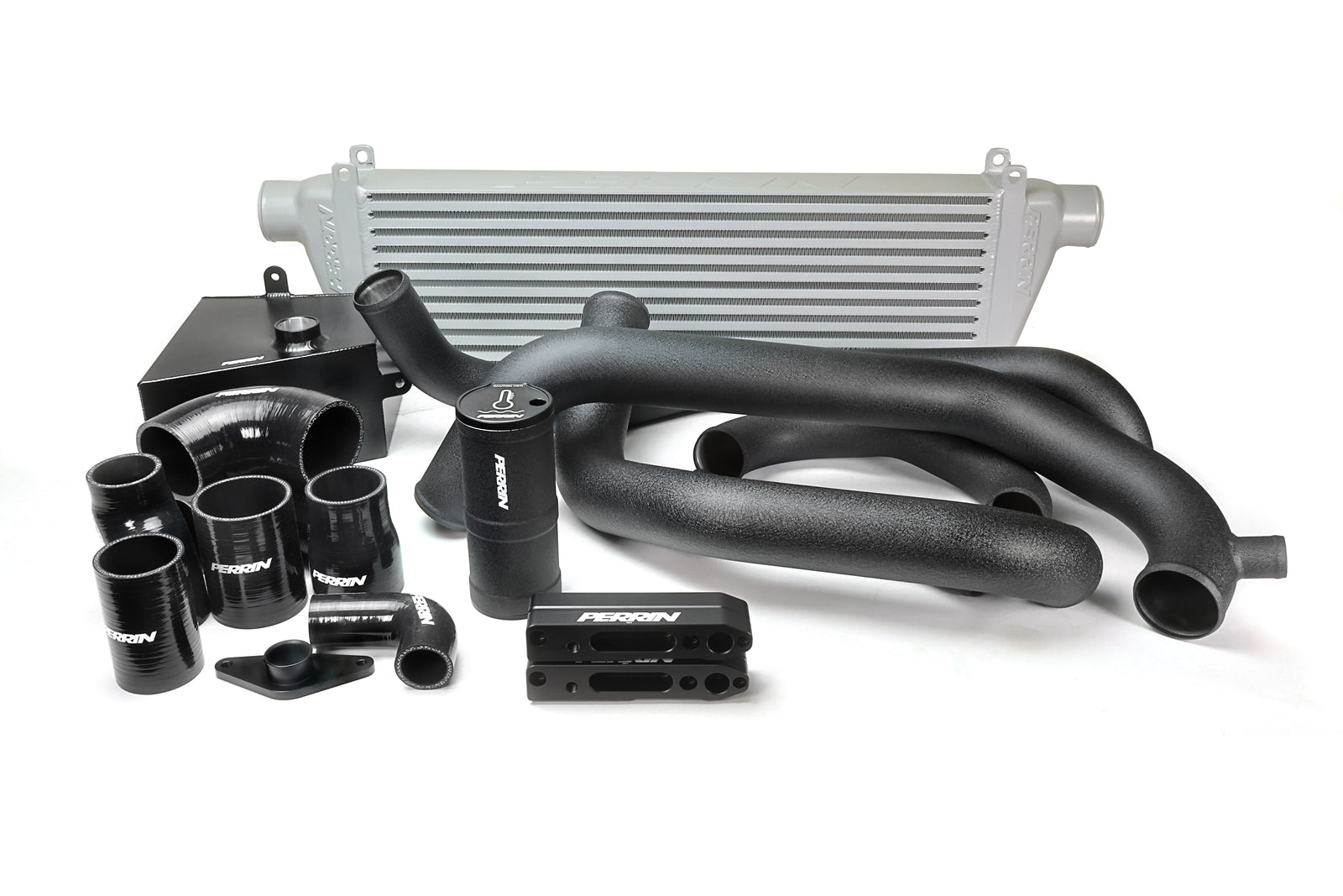 PERRIN Front Mount Intercooler Kit with silver core and black piping for 2015-2021 STI.