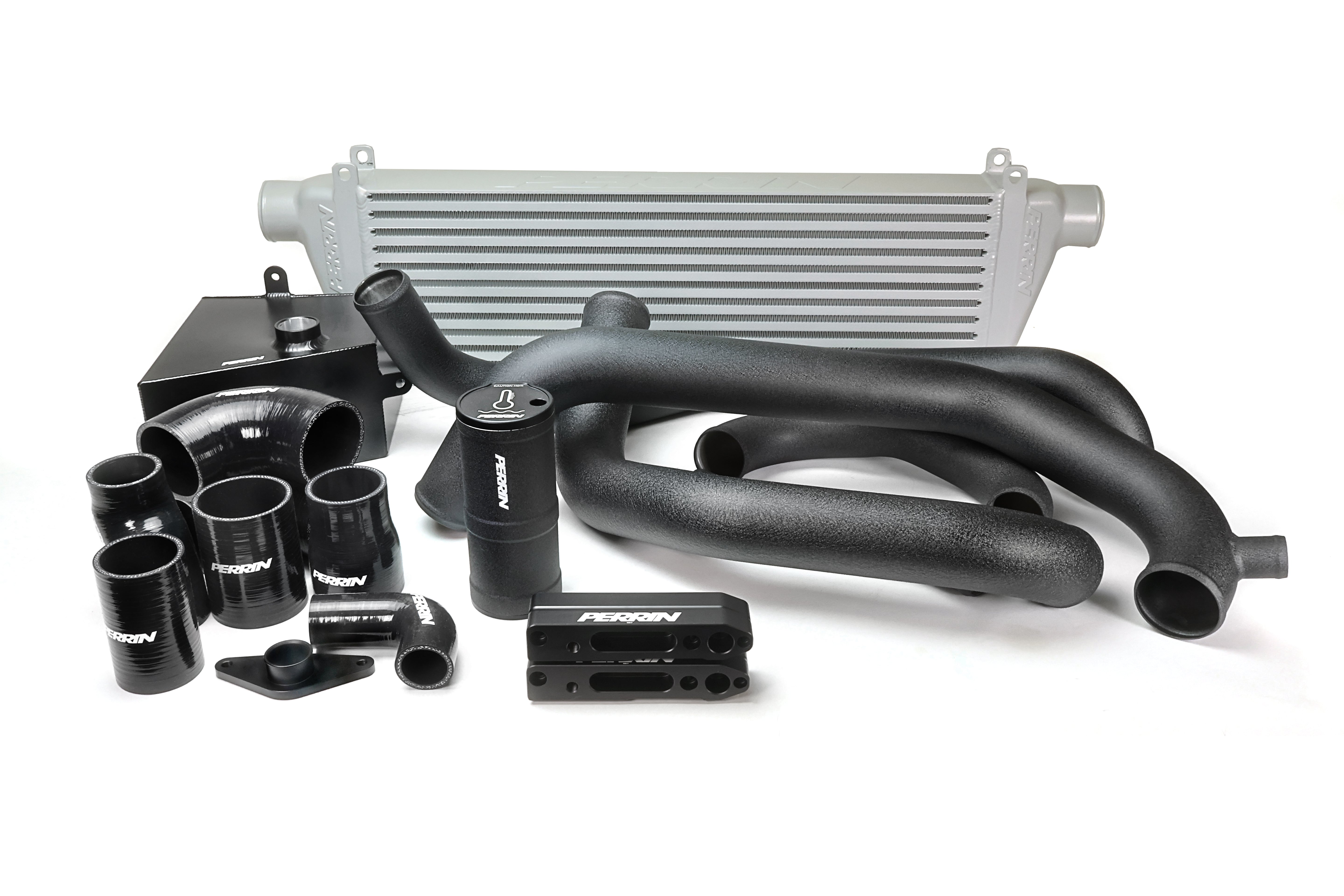 PERRIN Front Mount Intercooler Kit with silver core and black piping for 2015-2021 STI.