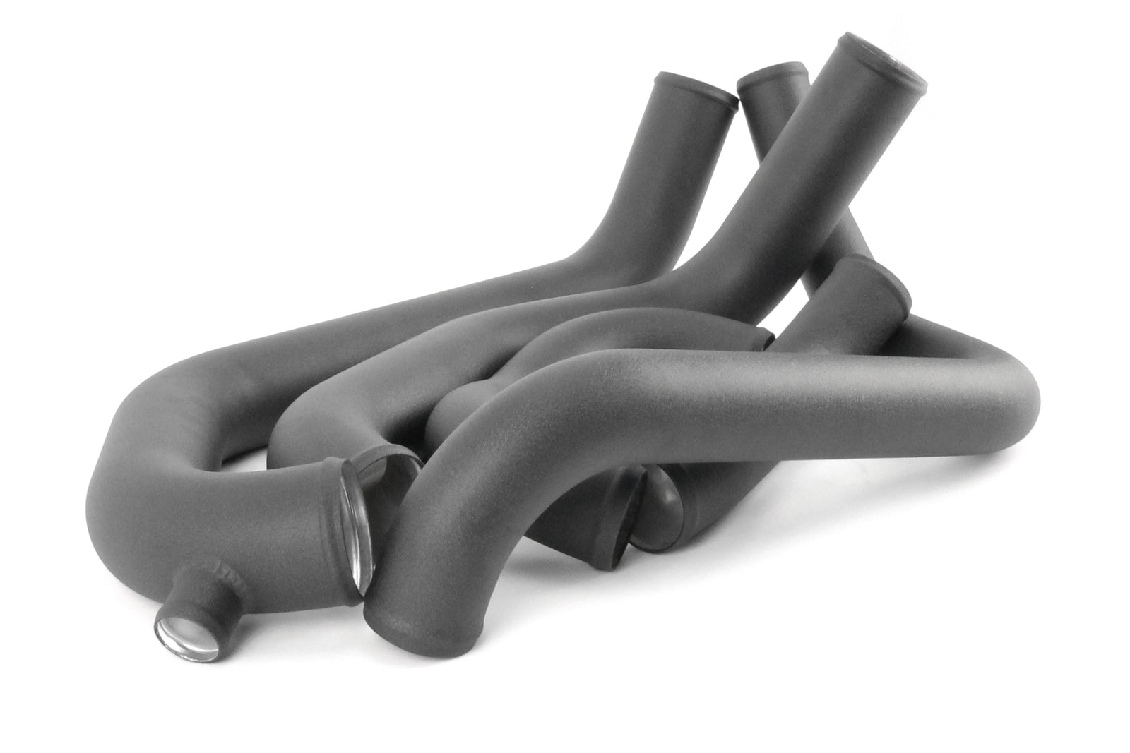 Front mount intercooler kit components for 2008-2014 Subaru STI, featuring black silicone hoses and connectors.