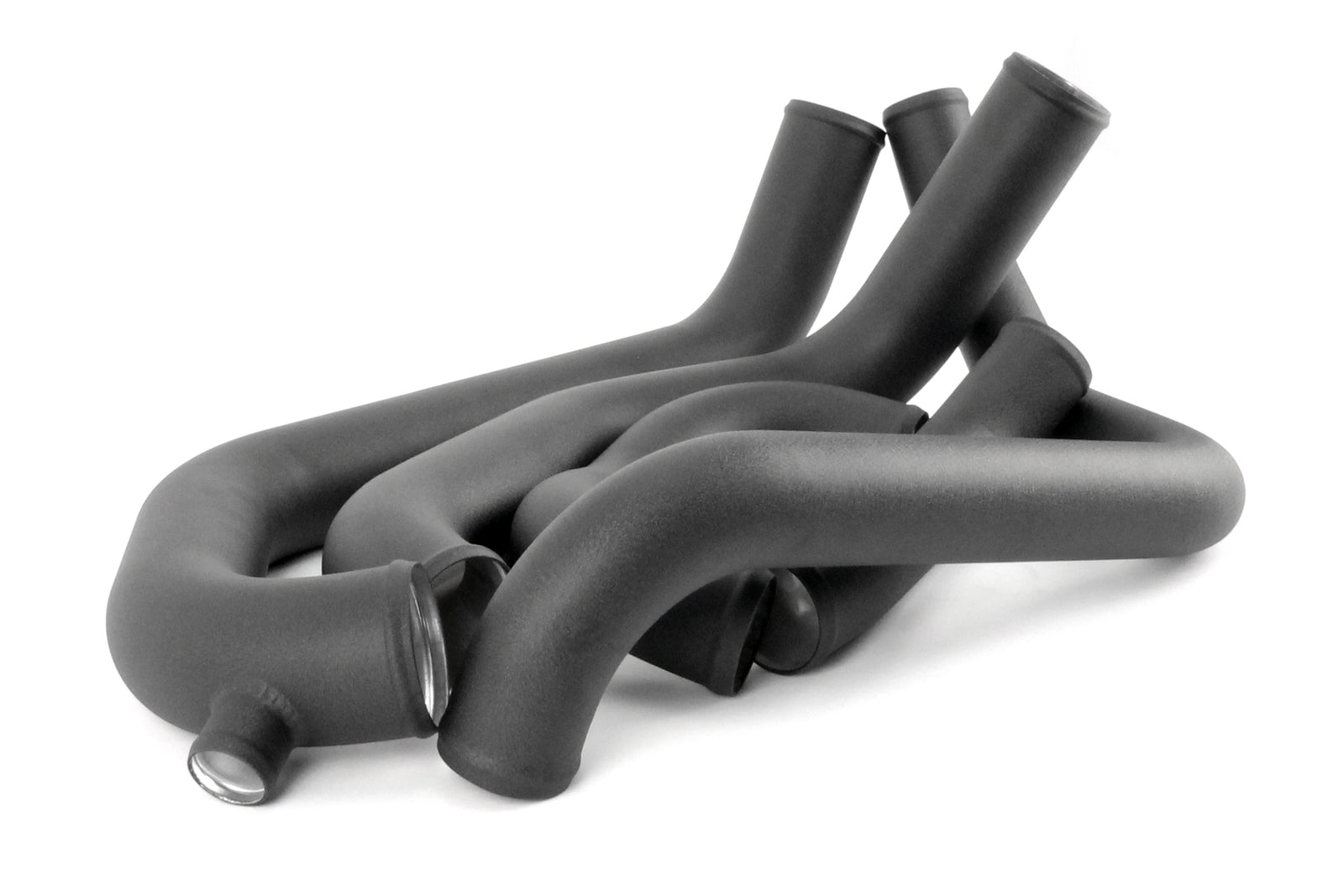 Front mount intercooler kit components for 2008-2014 WRX, featuring multiple black piping sections for enhanced airflow.