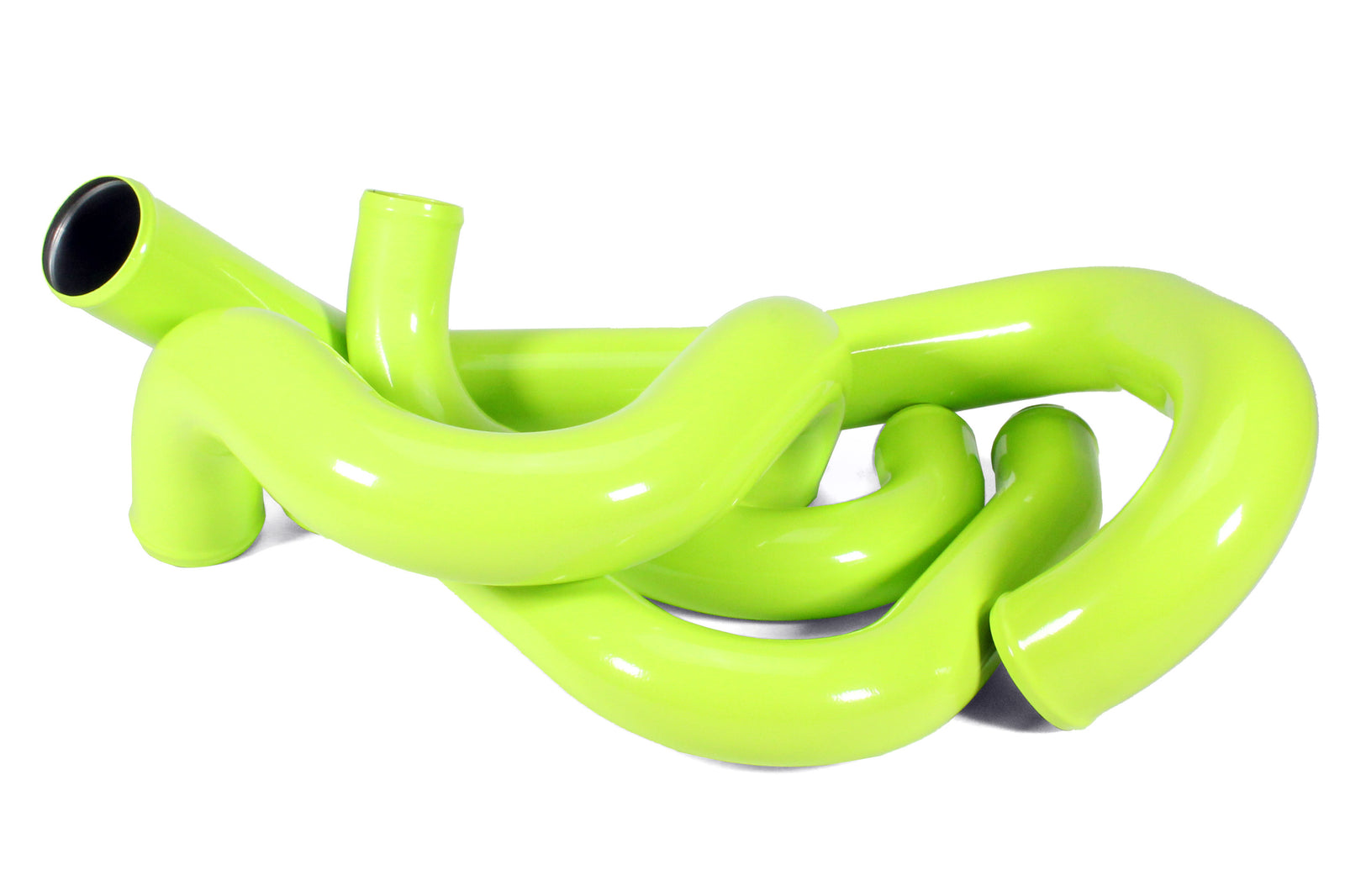 Bright green front mount intercooler piping designed for 2015-2021 Subaru WRX, showcasing smooth curves and bends.