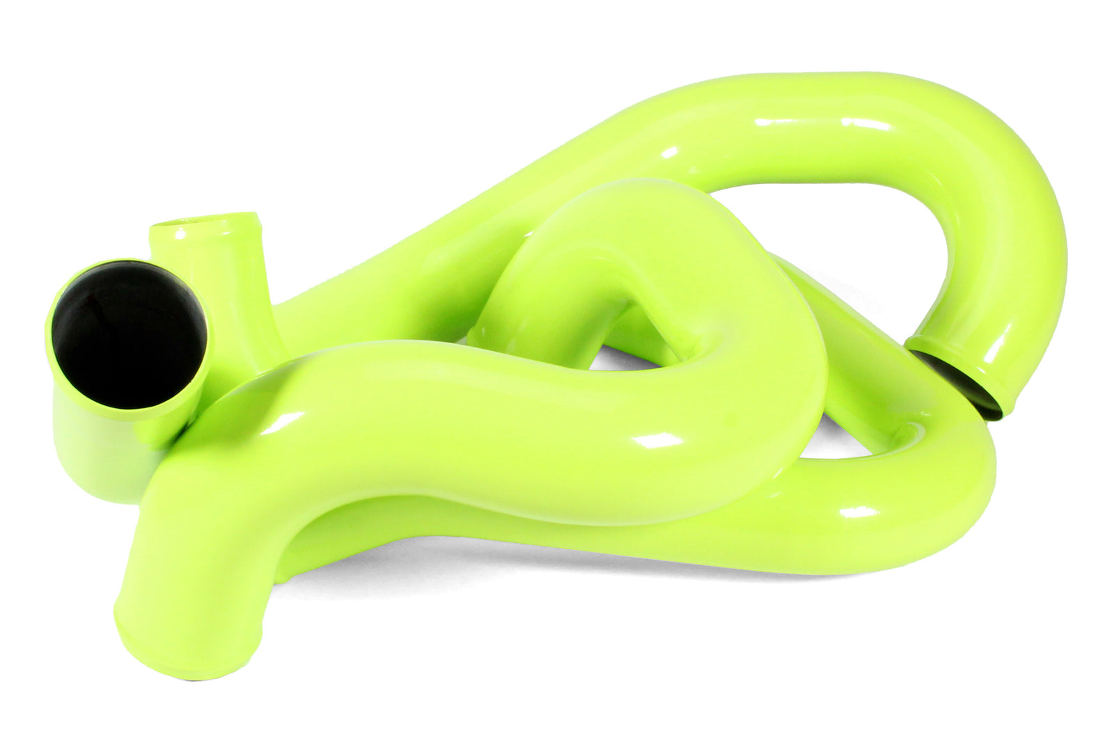 Bright green front mount intercooler pipes designed for 2015-2021 WRX, showcasing smooth curves and durable construction.
