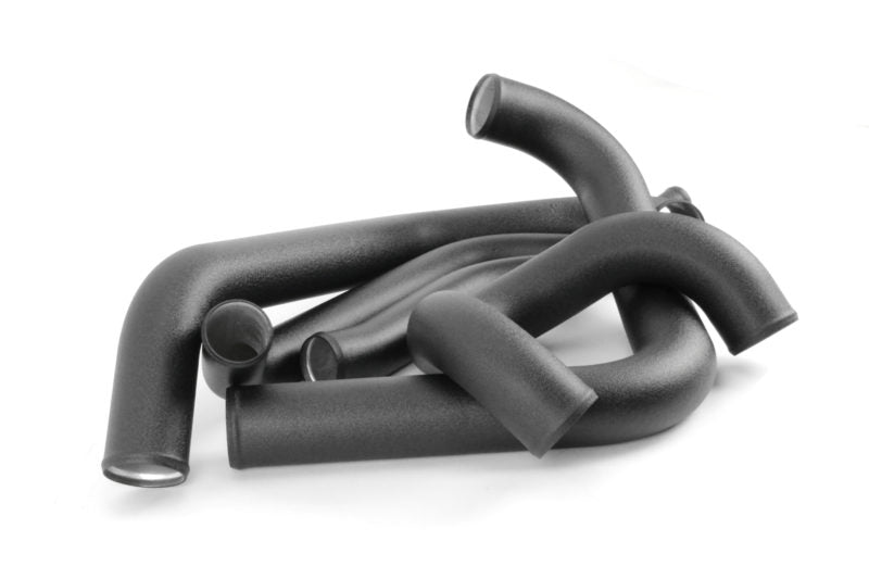 Front mount intercooler kit components for 2015-2021 Subaru STI, featuring black silicone hoses in various shapes.