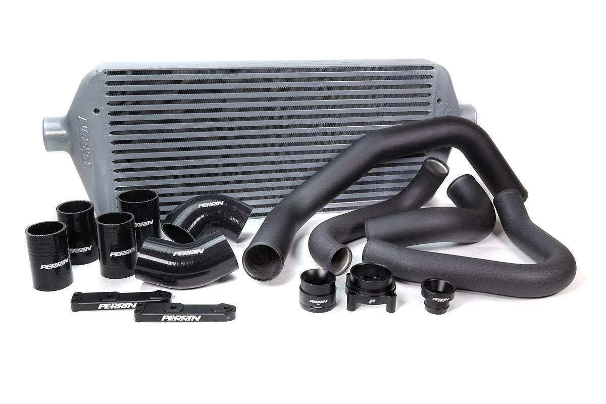 PERRIN Front Mount Intercooler Kit with large silver core and black piping for 2022-2025 WRX.
