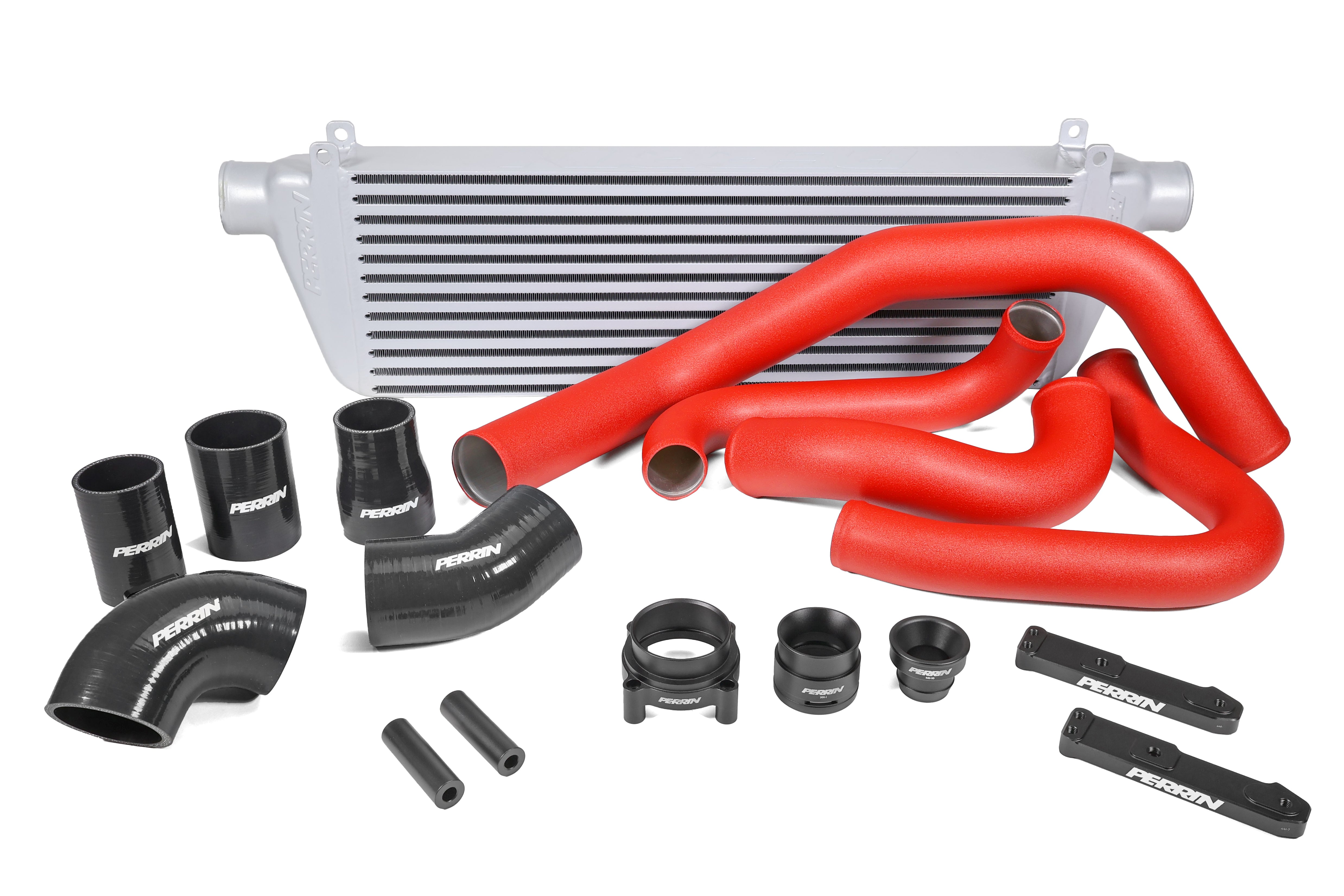 PERRIN Front Mount Intercooler Kit with silver core and red piping for 2022-2025 WRX.
