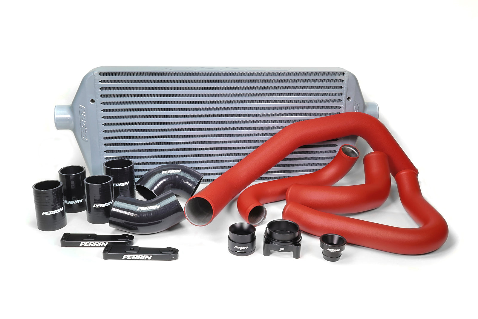 Front mount intercooler kit for 2022-2025 WRX, featuring aluminum core, silicone hoses, and mounting hardware.
