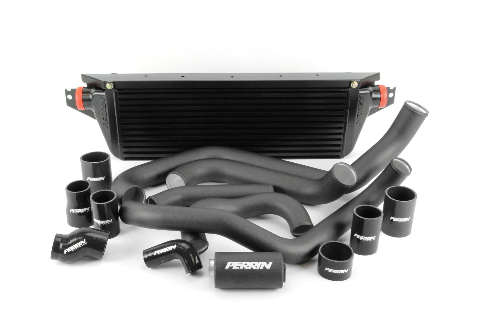 Front mount intercooler kit for 2008-2014 STI, featuring black piping and silicone hoses for enhanced performance.