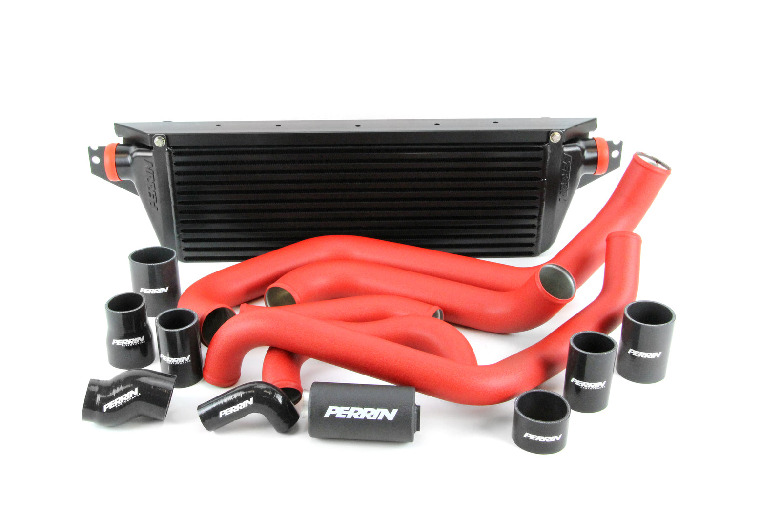 Front mount intercooler kit for 2008-2014 STI, featuring a black intercooler and red silicone hoses for enhanced performance.