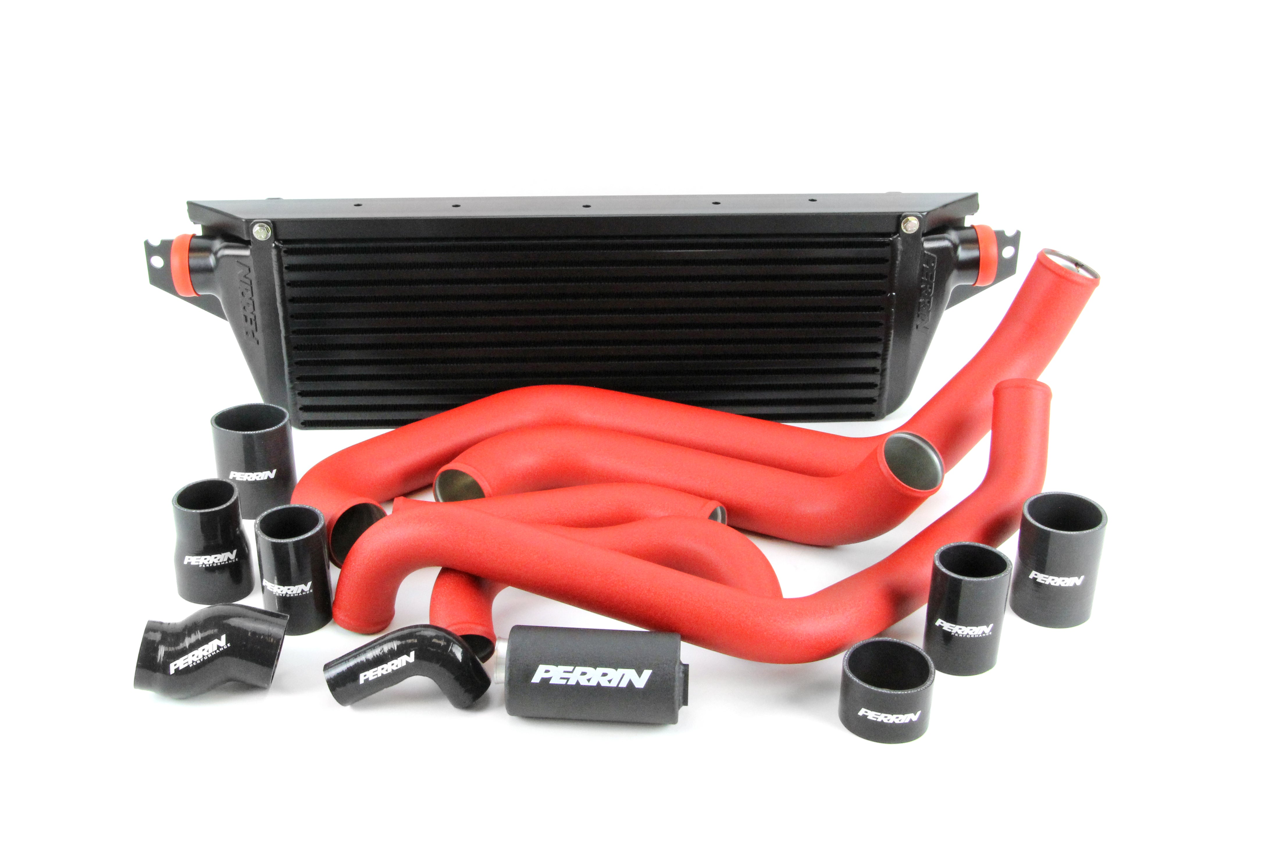 Front mount intercooler kit for 2008-2014 STI, featuring a black intercooler and red silicone hoses for enhanced performance.