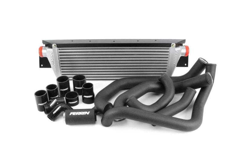 Front mount intercooler kit for 2008-2014 STI, including intercooler, piping, and silicone couplers.
