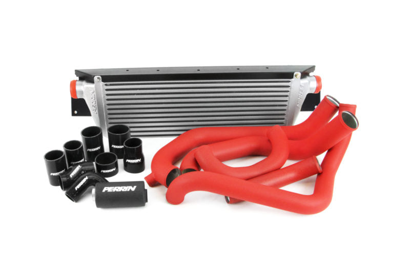 Front mount intercooler kit for 2008-2014 STI, featuring a large intercooler and red silicone hoses.
