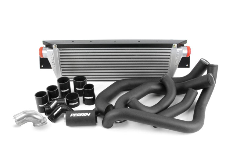 Front mount intercooler kit for 2008-2014 WRX, featuring a large intercooler, piping, and silicone couplers.