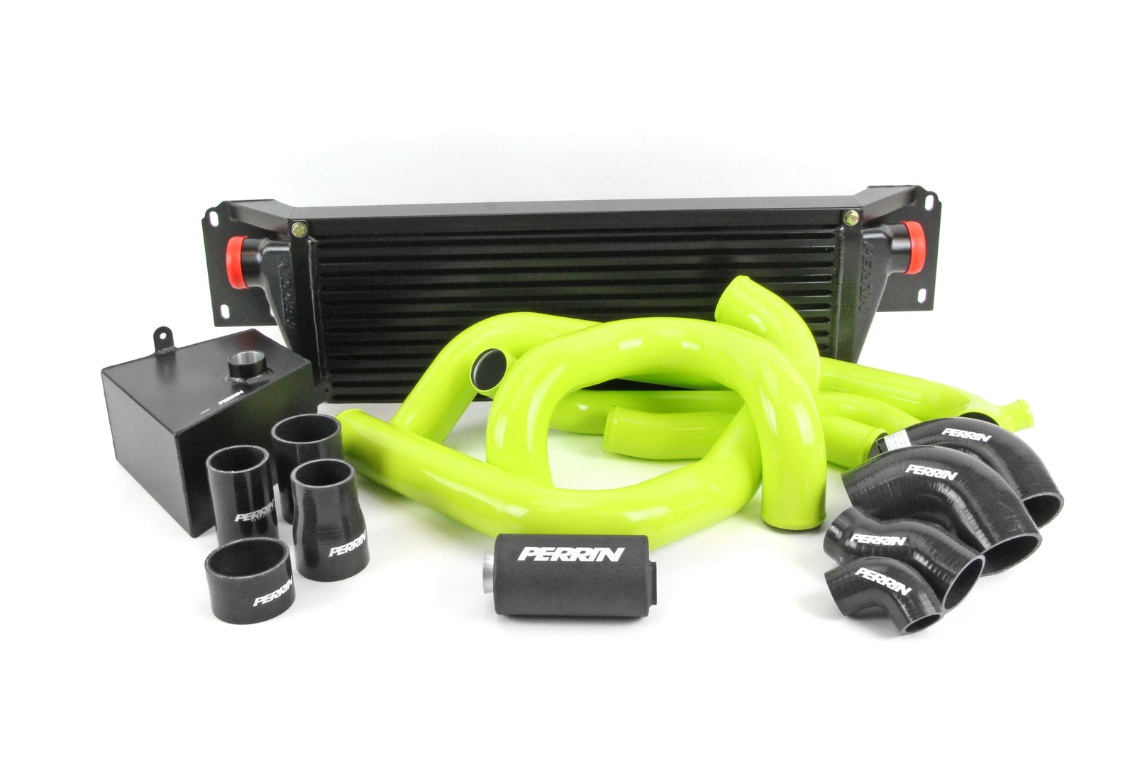 Front mount intercooler kit for 2015-2021 STI, featuring vibrant green piping and essential components for performance upgrades.