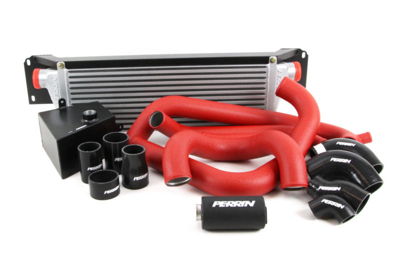 Front mount intercooler kit for 2015-2021 STI, featuring a large intercooler, red silicone hoses, and black couplers.