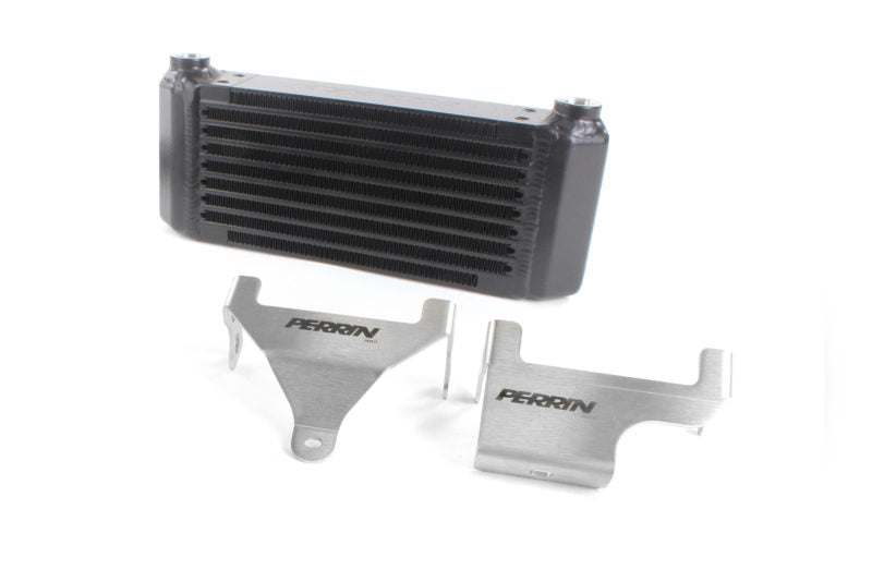 Oil cooler tuner kit for 2002-2014 WRX, featuring a black cooler and stainless steel mounting brackets.