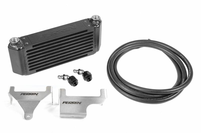 Transmission oil cooler kit for 2015-2021 WRX with CVT, featuring a cooler, hoses, and mounting brackets.