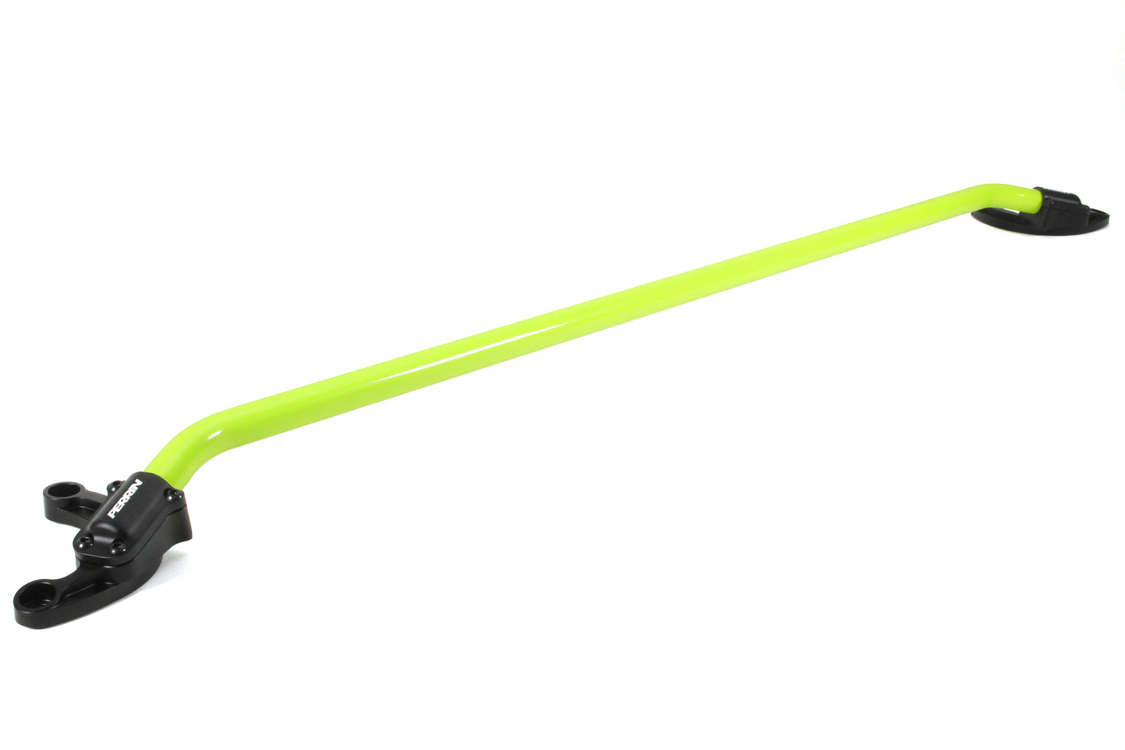 PERRIN neon yellow strut brace showing machined aluminum mounting feet and powder coat finish.