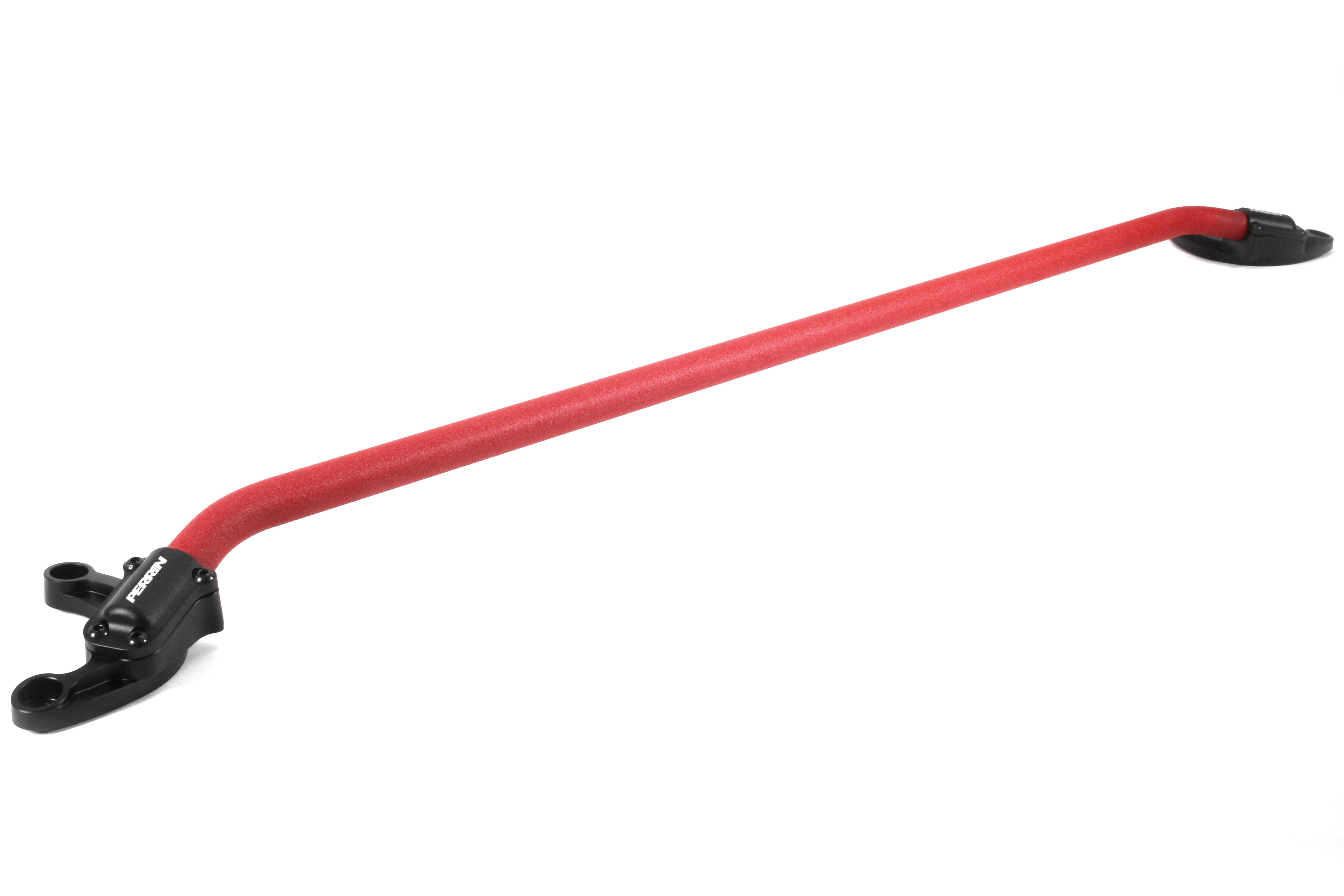 PERRIN red strut brace showing machined aluminum mounting feet and powder coat finish.