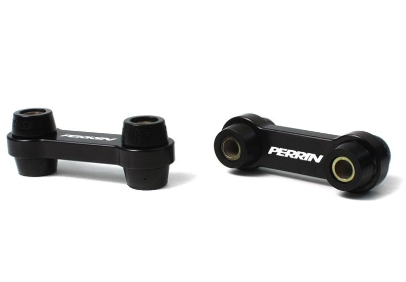 Front endlinks with urethane bushings for WRX/STI, featuring a sleek black finish and Perrin branding.