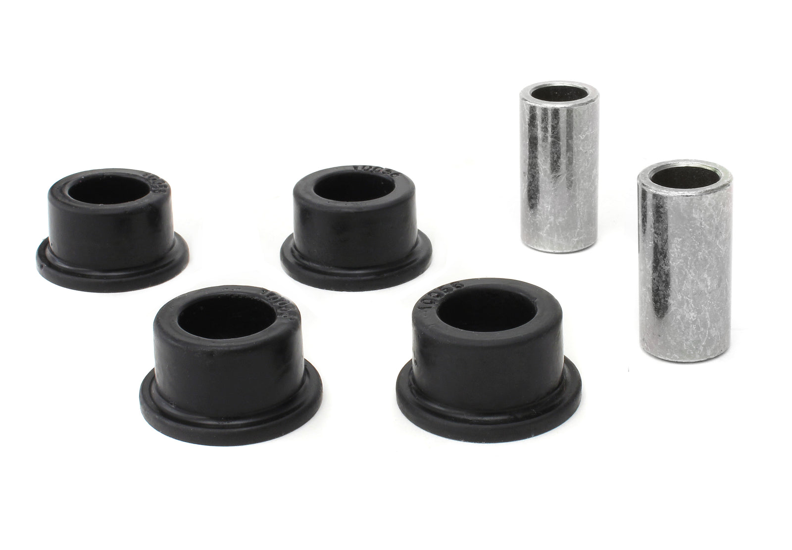 PERRIN Steering Rack Lockdown full kit laid out on white background showing bushings, sleeves, press tool, bolt, nut, and washer