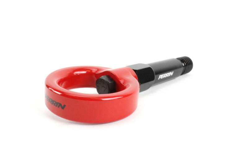 Red tow hook for Toyota Supra, featuring a durable design with a black threaded bolt for secure attachment.