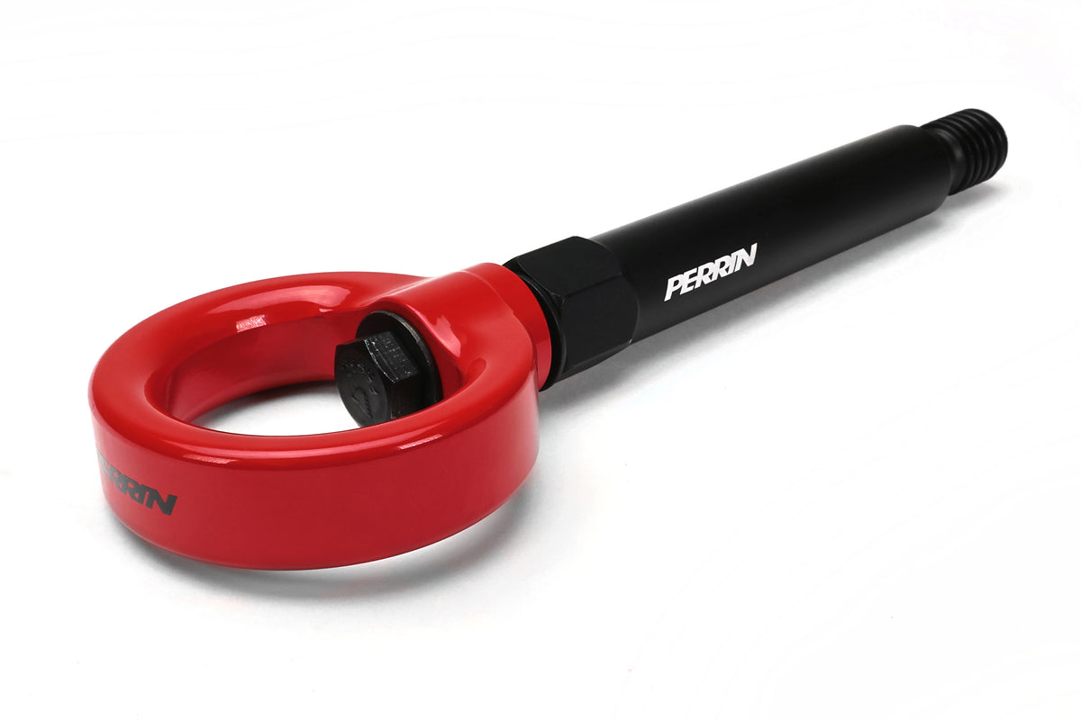 PERRIN red rear tow hook for 2023-2026 Toyota GR Corolla showing anodized finish and precision construction.