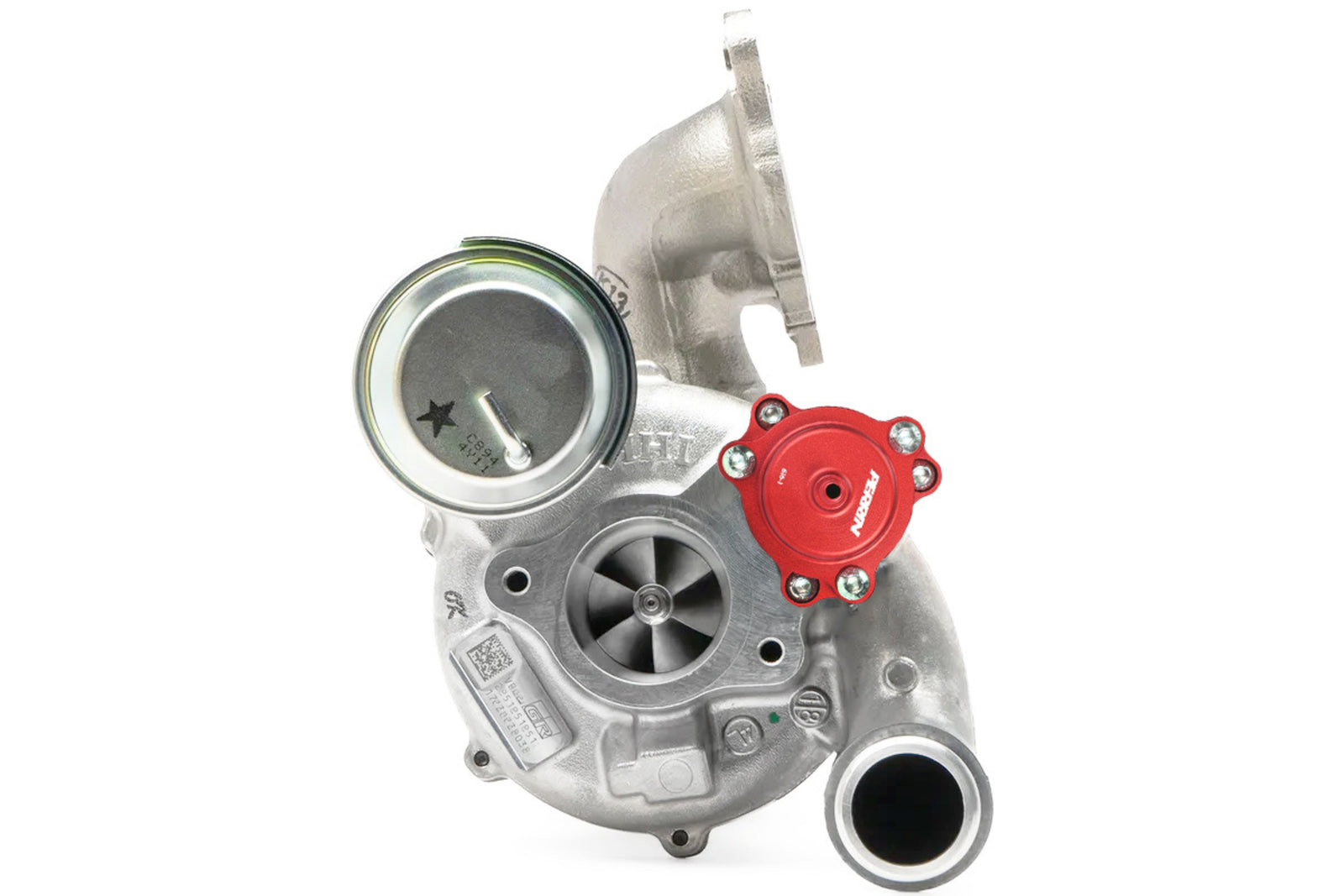 PERRIN GR Corolla Diverter Valve in red installed on turbocharger assembly, studio shot showing fitment