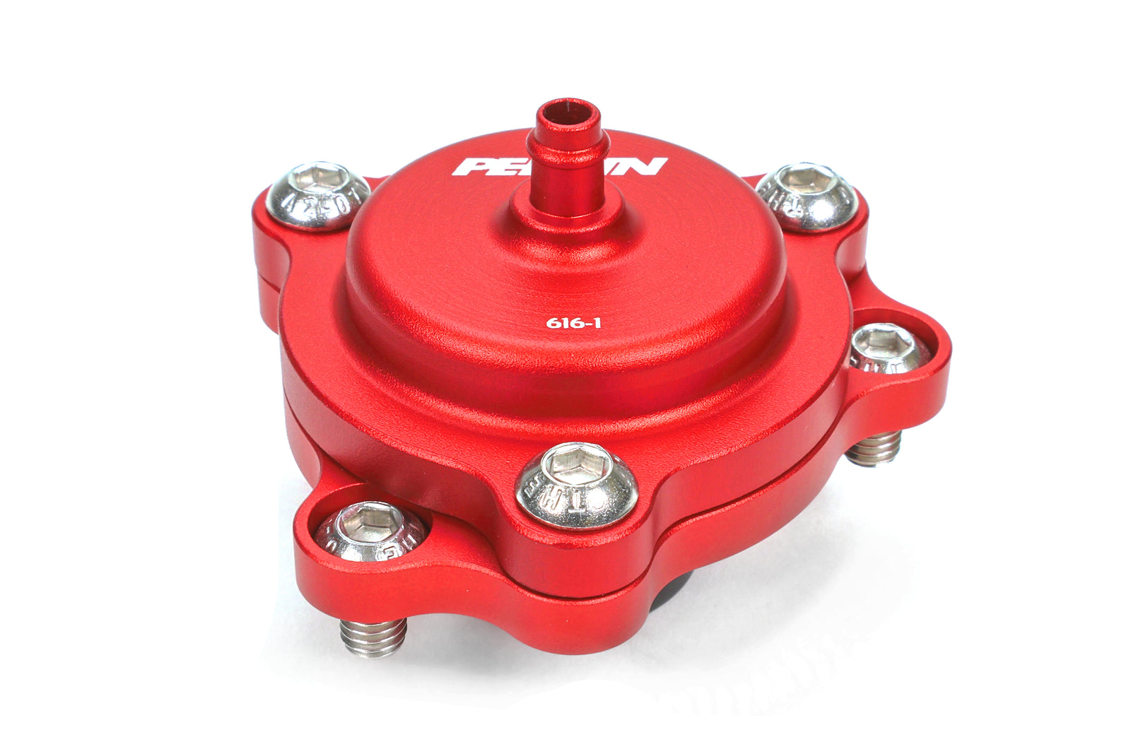 PERRIN GR Corolla Diverter Valve in red anodized aluminum, three-quarter top view showing domed cap and stainless hardware