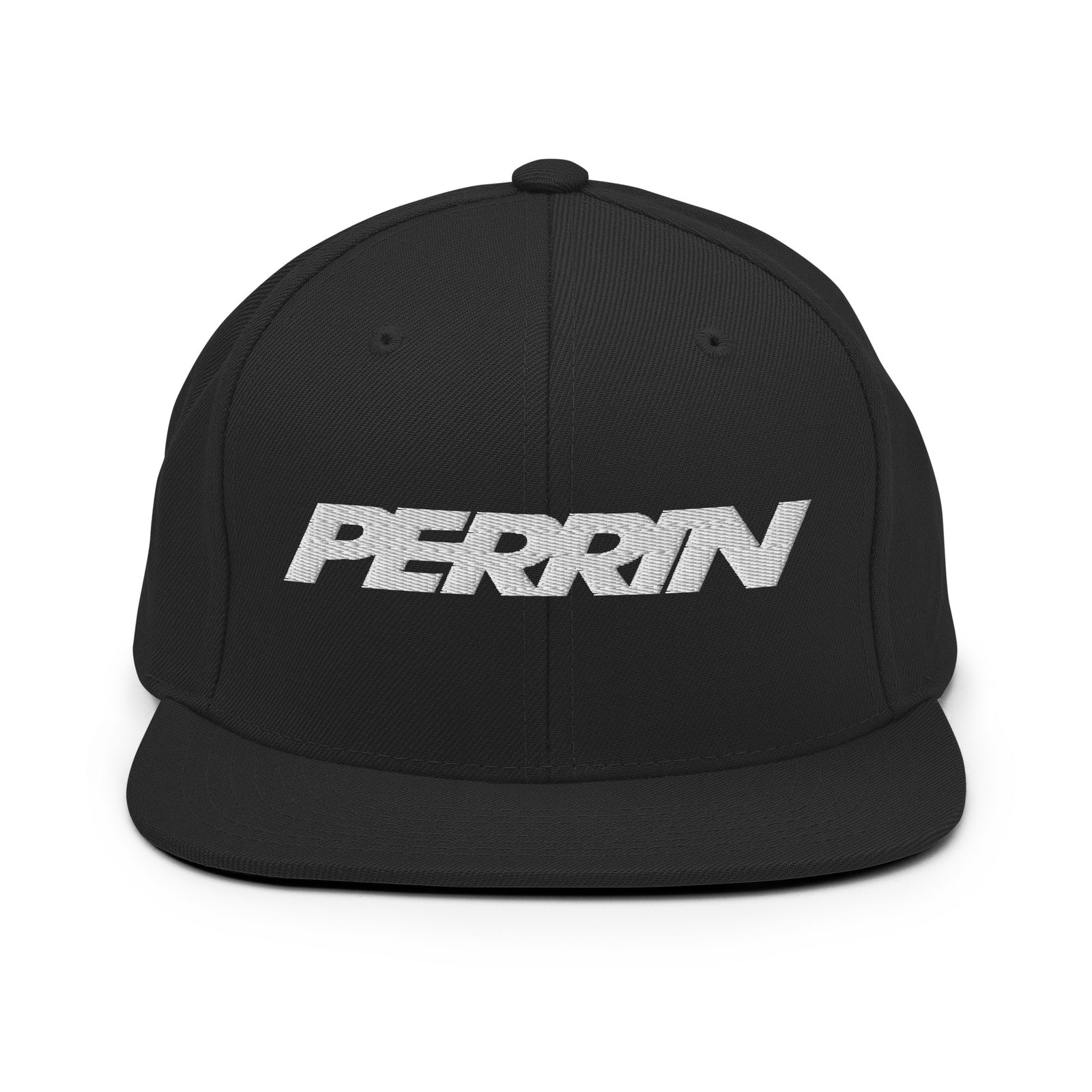 Black snapback hat featuring the PERRIN logo prominently displayed in white on the front.