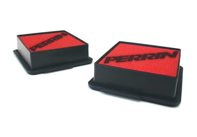 High flow replacement air filter set for GT-R with red Perrin logo on a black base, designed for enhanced airflow.