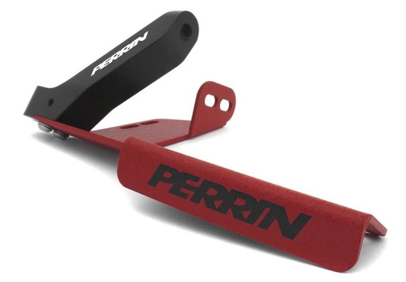 Master cylinder brace for 2008-2014 WRX/STI featuring a black and red design with the Perrin logo prominently displayed.
