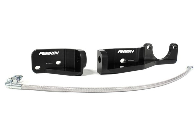 Perrin Pitch Stop Brace kit featuring two black aluminum brackets and a flexible stainless steel line for enhanced stability.