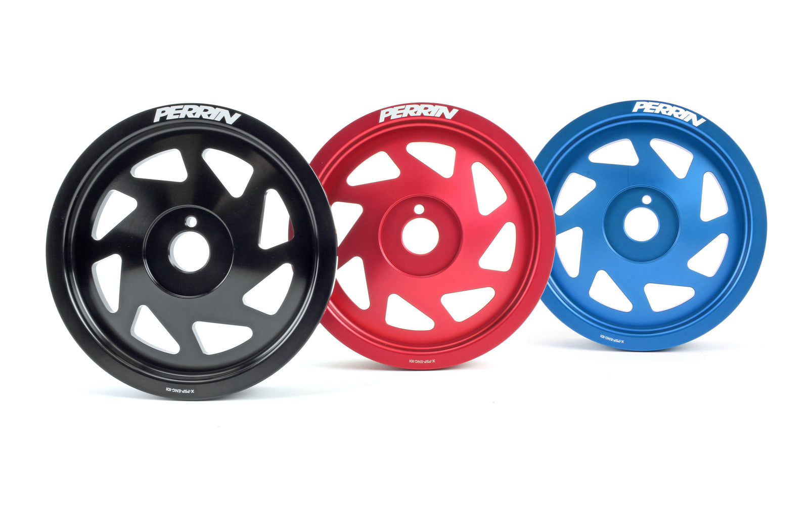 Lightweight crank pulleys in black, red, and blue for 2015-2018 Subaru WRX, BRZ, FR-S, 86, Outback, Legacy, Forester, and Crosstrek.