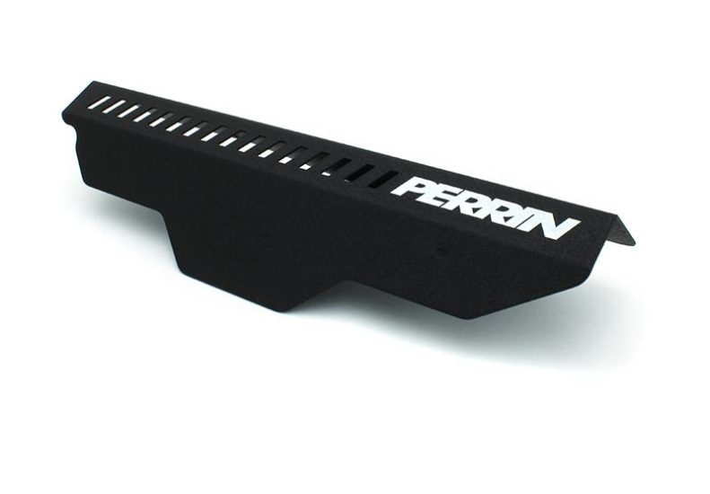 Pulley cover for 2002-2014 WRX and 2004-2021 STI, featuring a sleek black design with ventilation slots and Perrin branding.