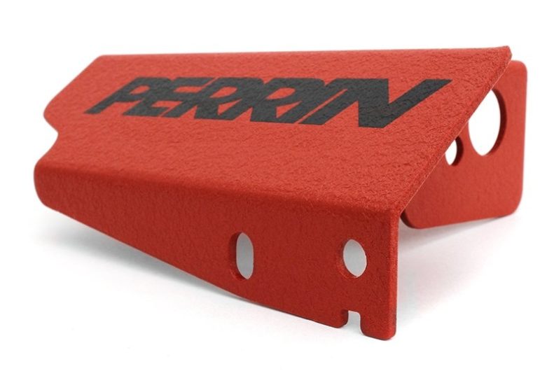 Red Boost Solenoid Cover with a textured finish and black Perrin logo, designed for automotive performance enhancement.