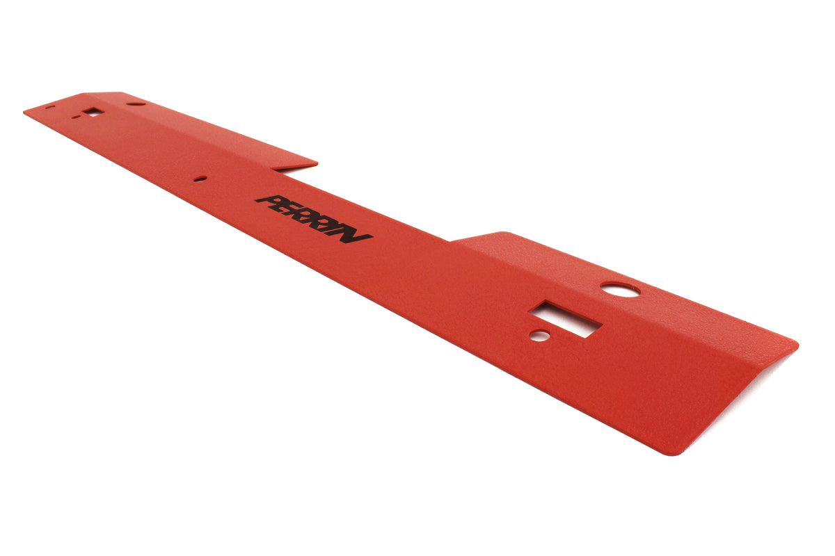 Red radiator shroud designed for 2002-2007 Subaru WRX/STI, featuring a sleek finish and precise cutouts for installation.