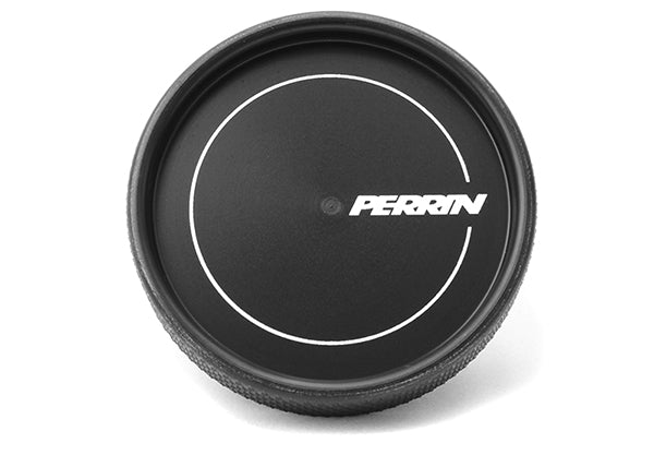 Perrin black oil fill cap featuring a textured grip and logo, designed for performance Subaru, Honda, Nissan, and Toyota vehicles.