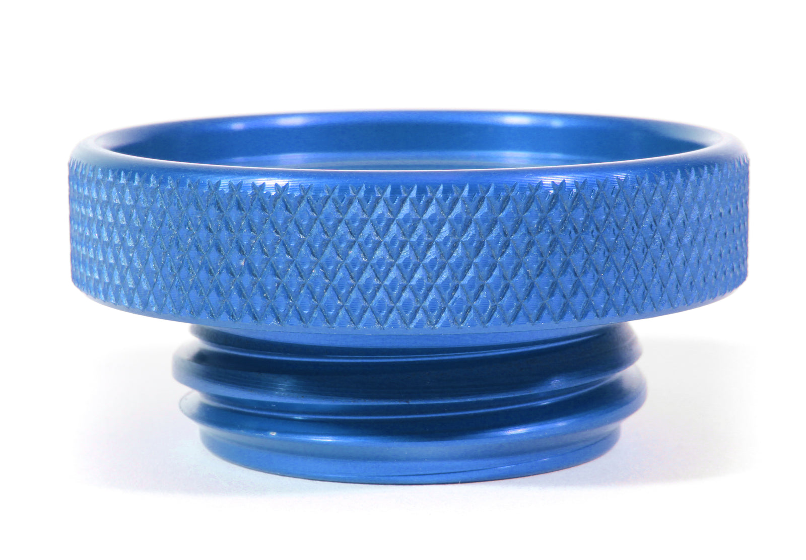Blue anodized oil fill cap with a textured grip for easy handling, designed for performance vehicles.