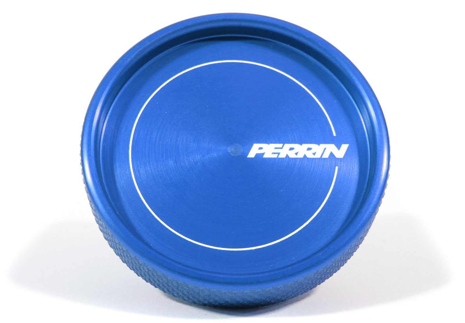 Perrin blue aluminum oil fill cap designed for performance vehicles, featuring a textured grip and logo.