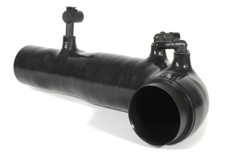 Black 2.4-inch turbo inlet hose for WRX/STI, featuring connectors for optimal airflow and performance enhancement.