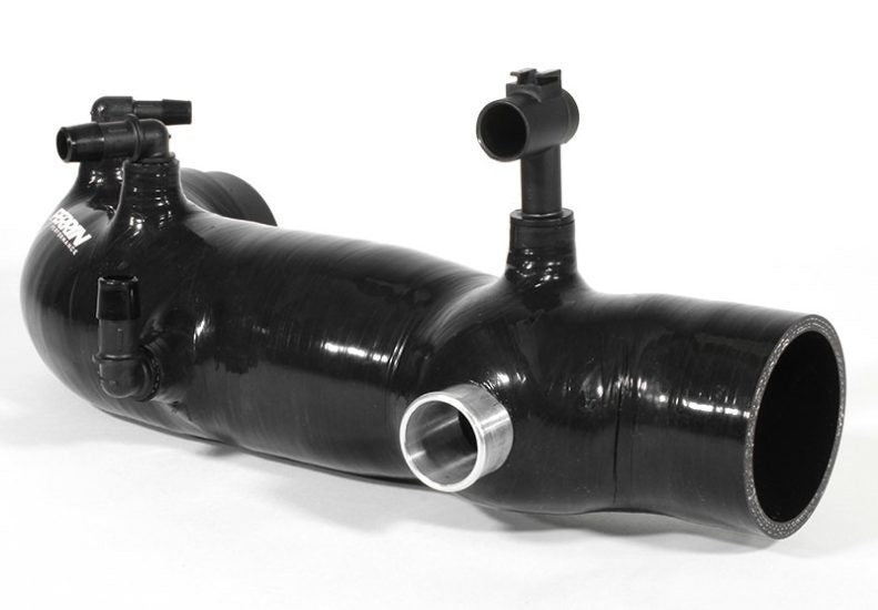 Black 2.4-inch turbo inlet hose for WRX/STI with multiple connection points for enhanced airflow and performance.