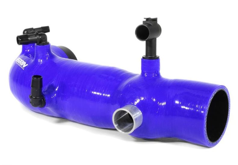 Blue 2.4-inch turbo inlet hose for WRX/STI with multiple fittings for enhanced airflow and performance.