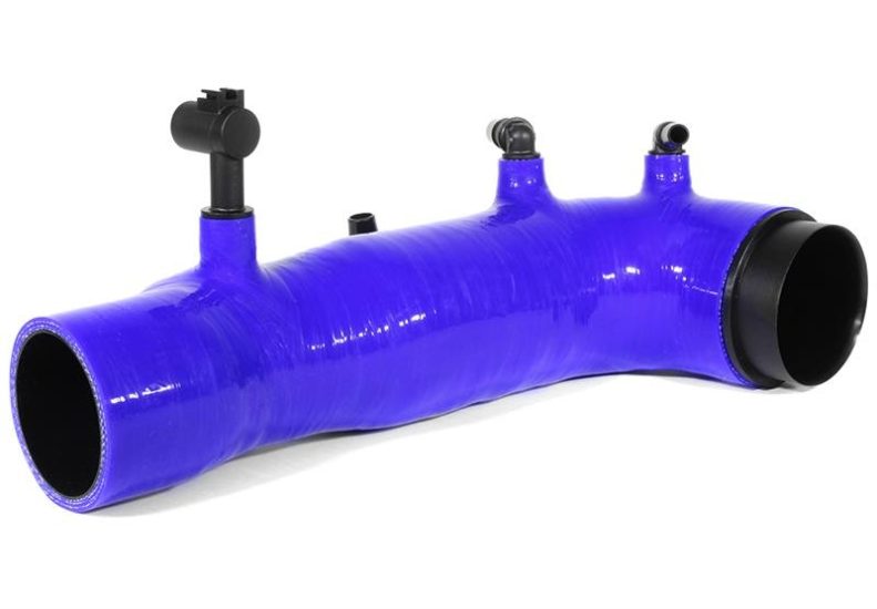 Blue 2.4-inch turbo inlet hose designed for WRX and STI models, featuring multiple connection points for optimal performance.