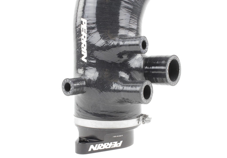 Black 3.0-inch turbo inlet hose with multiple ports and a metal clamp, designed for enhanced engine performance.
