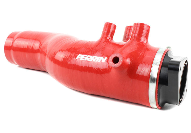 Red 3.0-inch turbo inlet hose with multiple connectors and a silver clamp, featuring the Perrin logo.