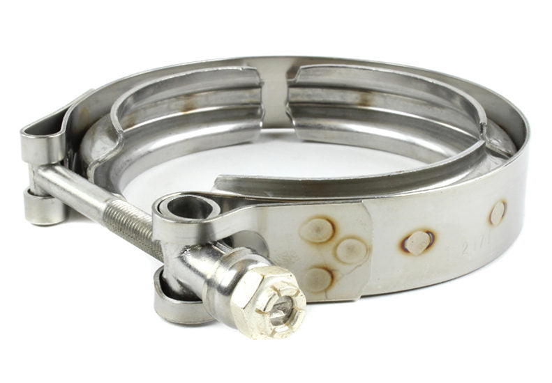 V-Band exhaust clamp made of stainless steel, featuring a circular design with a bolt for secure fastening.