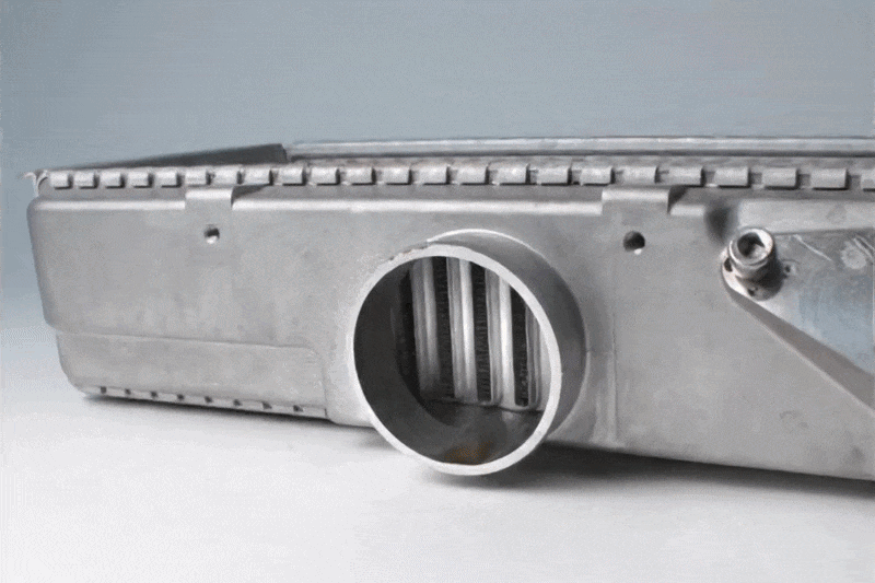 Oil residue on top-mount intercooler showing need for PERRIN Air Oil Separator.